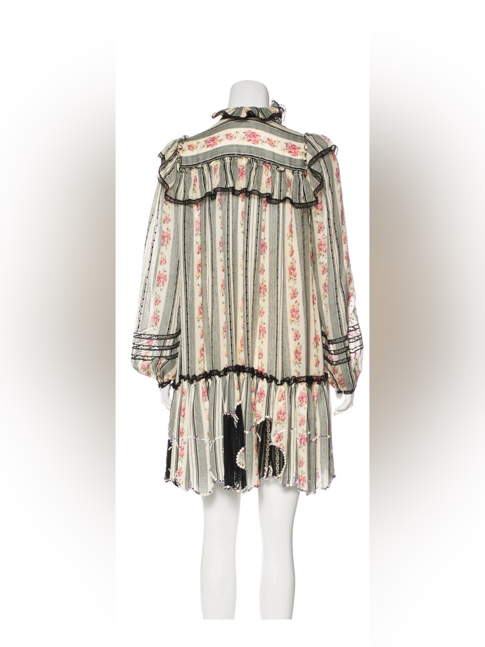 Marc Jacobs Cream Striped Floral Long-Sleeve Mini Dress with Black Velvet Bow 4 - Picture 3 of 9